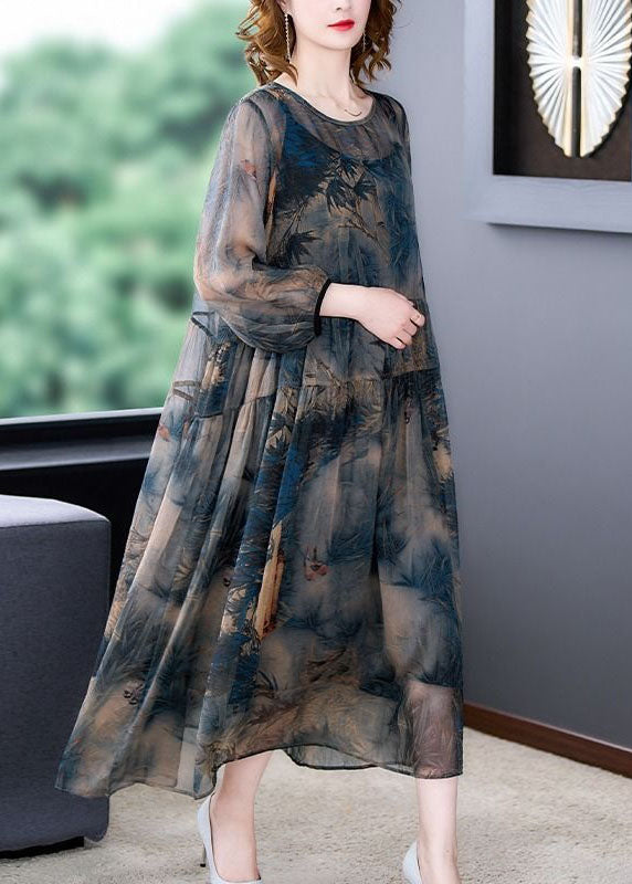 Italian Blue O-Neck Wrinkled Print Patchwork Silk Dress Two Pieces Set Summer LY4478 - fabuloryshop