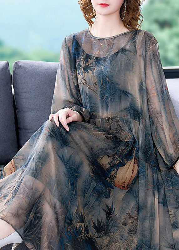 Italian Blue O-Neck Wrinkled Print Patchwork Silk Dress Two Pieces Set Summer LY4478 - fabuloryshop