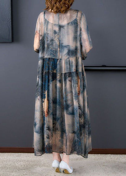 Italian Blue O-Neck Wrinkled Print Patchwork Silk Dress Two Pieces Set Summer LY4478 - fabuloryshop