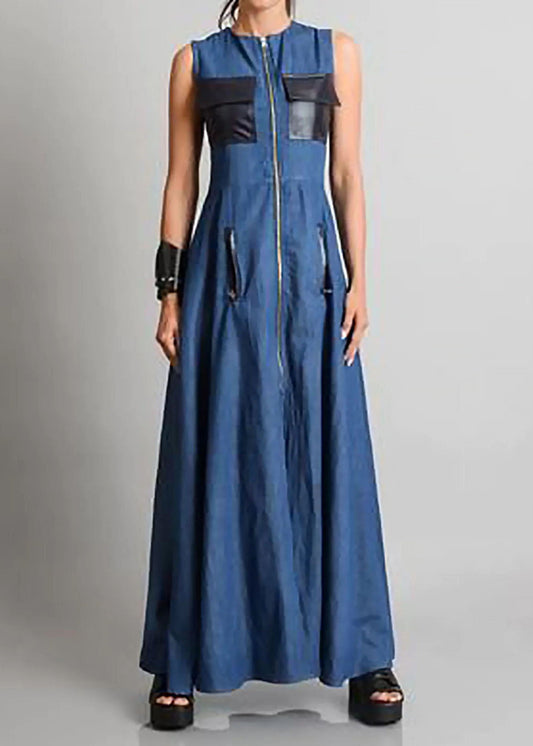 Italian Blue O Neck Zippered Patchwork Denim Maxi Dresses Sleeveless LY4001 - fabuloryshop