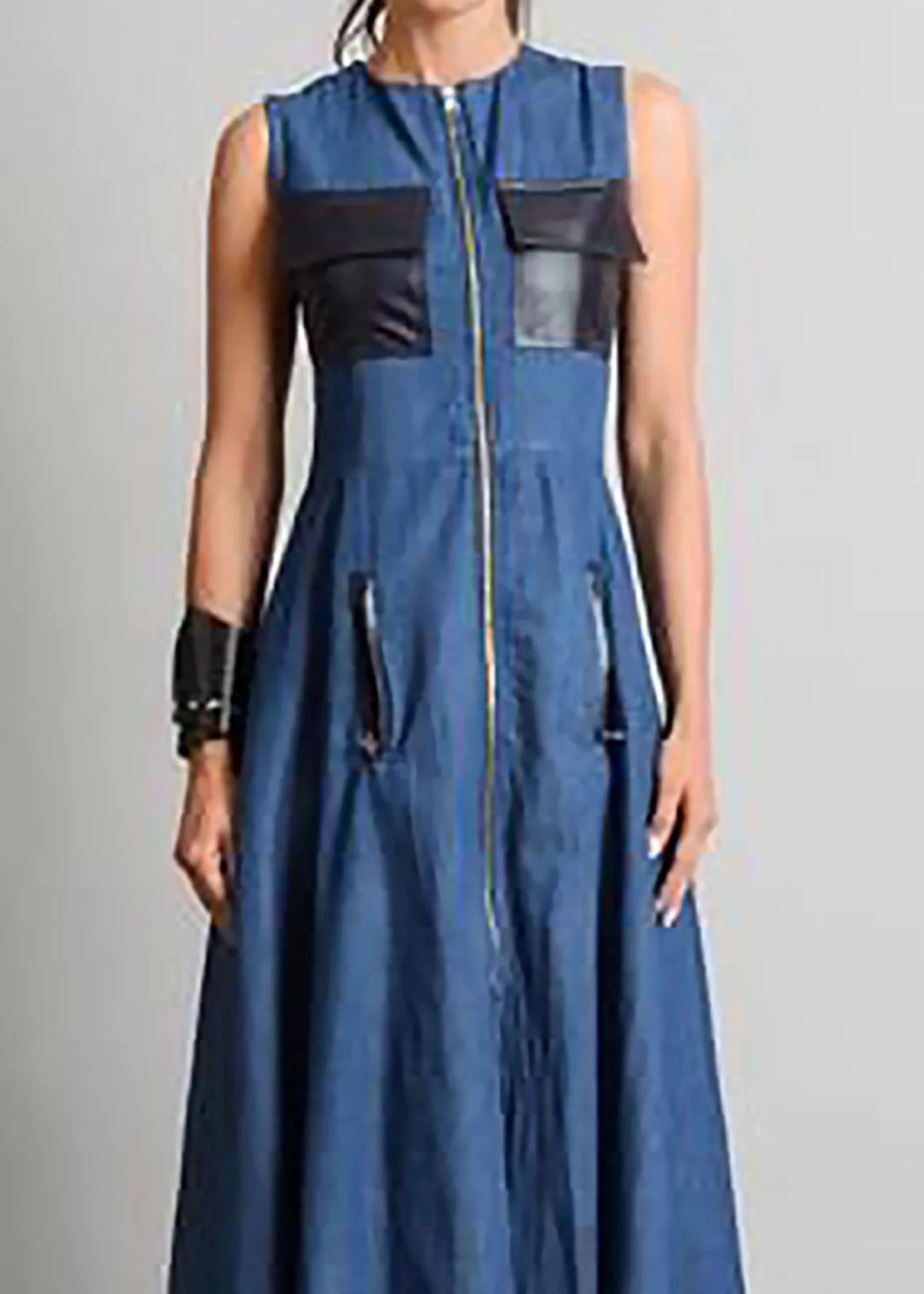 Italian Blue O Neck Zippered Patchwork Denim Maxi Dresses Sleeveless LY4001 - fabuloryshop