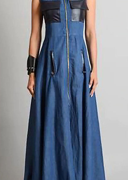 Italian Blue O Neck Zippered Patchwork Denim Maxi Dresses Sleeveless LY4001 - fabuloryshop