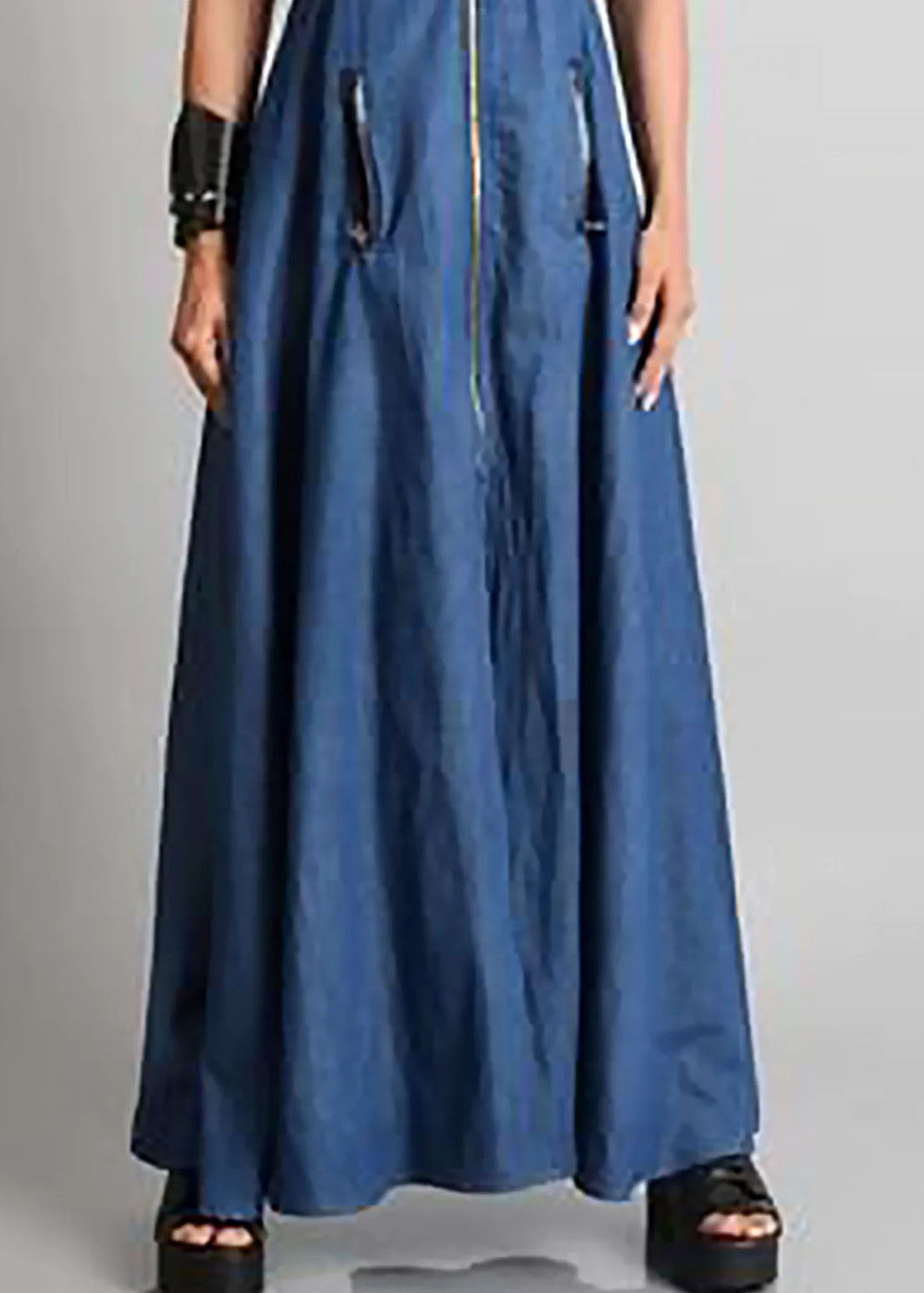 Italian Blue O Neck Zippered Patchwork Denim Maxi Dresses Sleeveless LY4001 - fabuloryshop