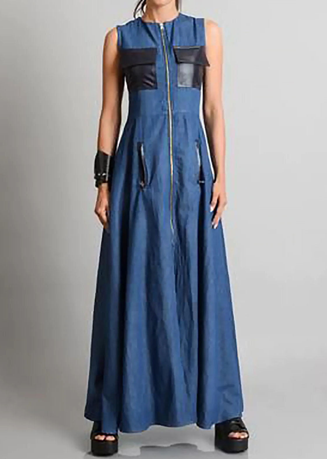 Italian Blue O Neck Zippered Patchwork Denim Maxi Dresses Sleeveless LY4001 - fabuloryshop