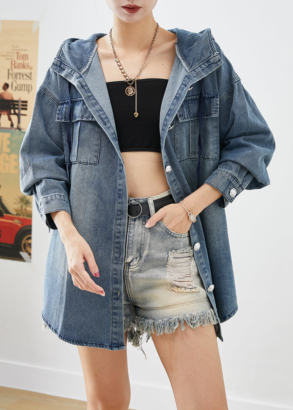 Italian Blue Oversized Hooded Pockets Denim Coats Fall Ada Fashion