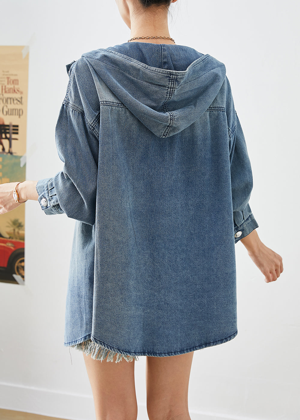 Italian Blue Oversized Hooded Pockets Denim Coats Fall Ada Fashion