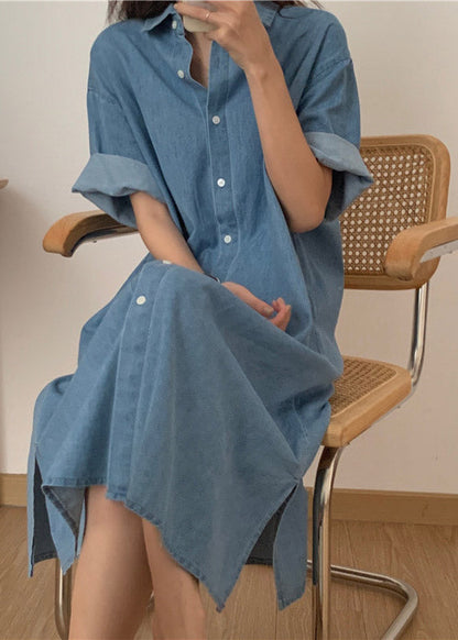 Italian Blue Peter Pan Collar Button Side Open Maxi Denim Dress Short Sleeve LY2113 - fabuloryshop