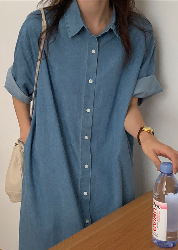 Italian Blue Peter Pan Collar Button Side Open Maxi Denim Dress Short Sleeve LY2113 - fabuloryshop