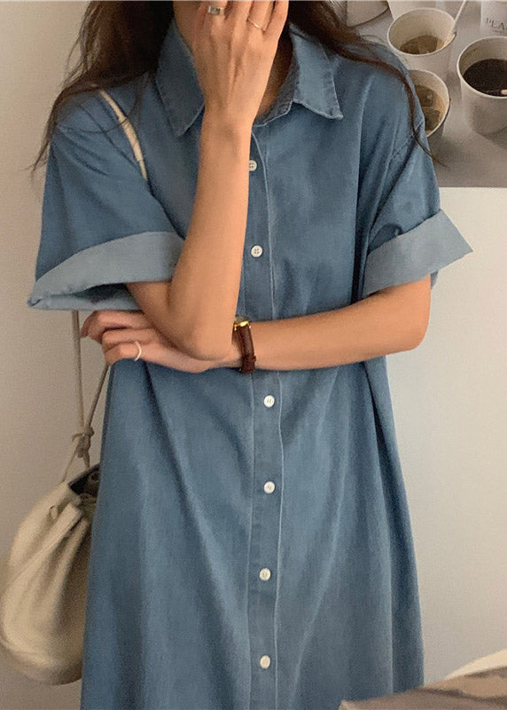 Italian Blue Peter Pan Collar Button Side Open Maxi Denim Dress Short Sleeve LY2113 - fabuloryshop