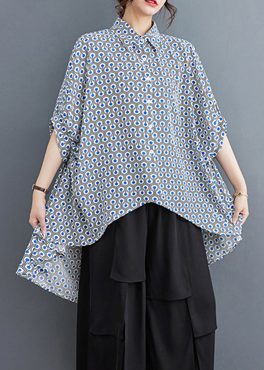 Italian Blue Peter Pan Collar Print Low High Design Shirts Summer LY4953 - fabuloryshop