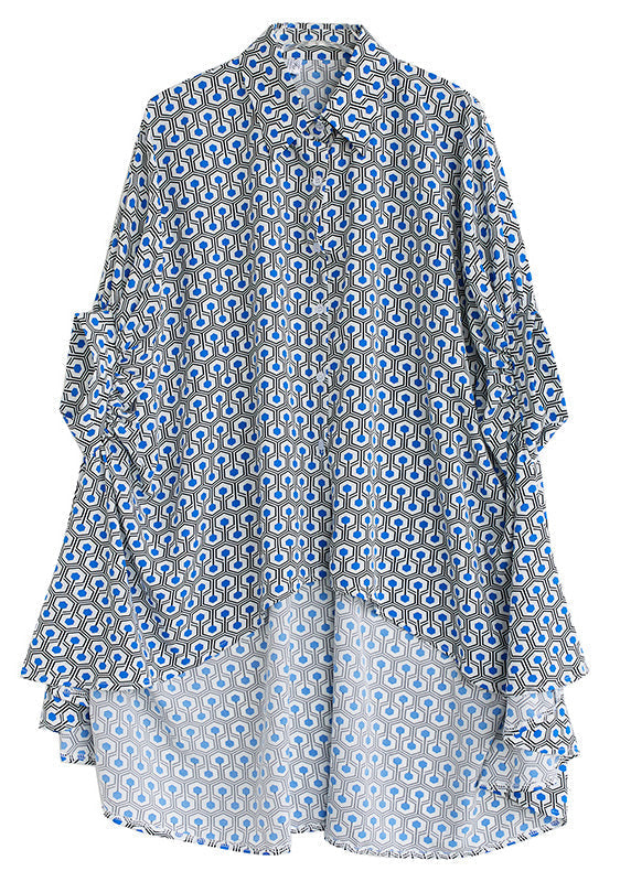 Italian Blue Peter Pan Collar Print Low High Design Shirts Summer LY4953 - fabuloryshop