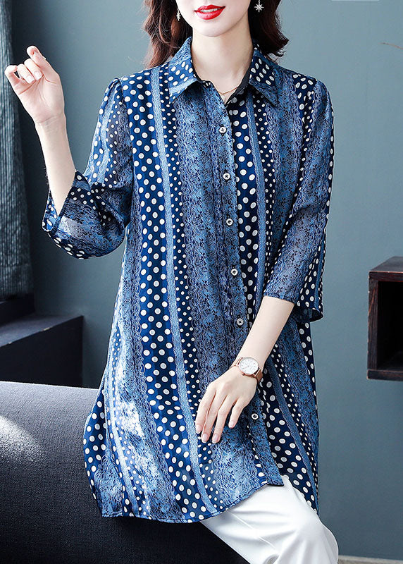 Italian Blue Peter Pan Collar Print Patchwork Chiffon Shirts Tops Bracelet Sleeve Ada Fashion