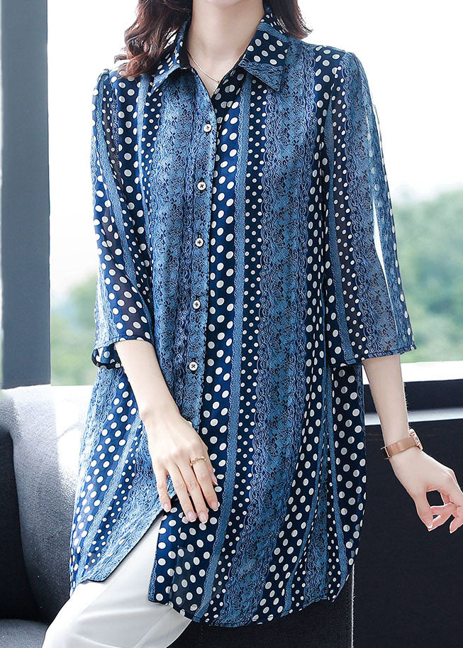 Italian Blue Peter Pan Collar Print Patchwork Chiffon Shirts Tops Bracelet Sleeve Ada Fashion