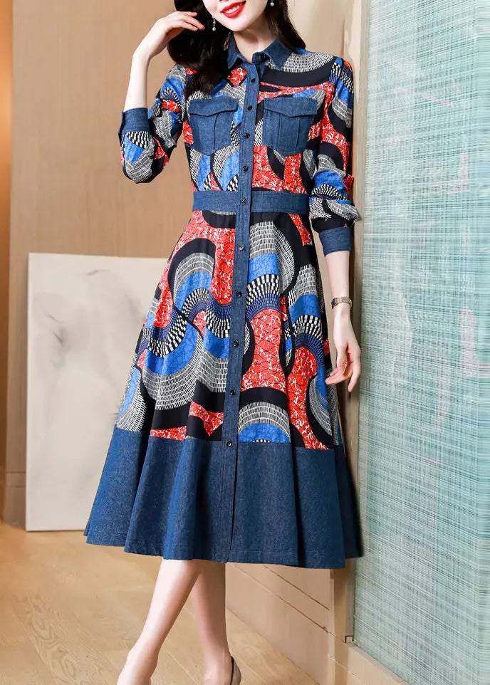 Italian Blue Peter Pan Collar Print Patchwork Denim Dress Fall Ada Fashion