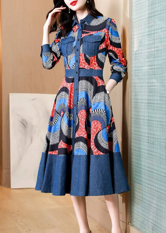 Italian Blue Peter Pan Collar Print Patchwork Denim Dress Fall Ada Fashion