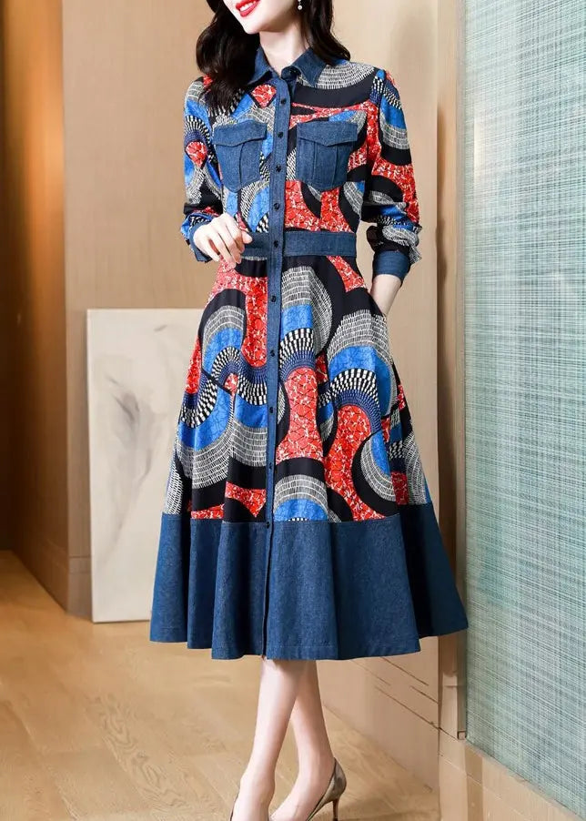 Italian Blue Peter Pan Collar Print Patchwork Denim Dress Fall Ada Fashion