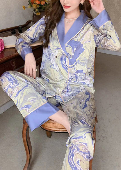 Italian Blue Peter Pan Collar Print Patchwork Ice Silk Pajamas Two Pieces Set Long Sleeve LY1911 - fabuloryshop