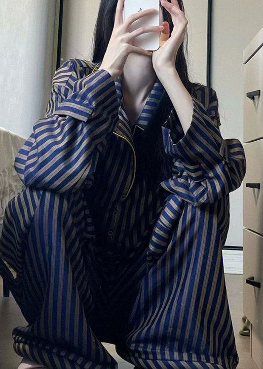 Italian Blue Peter Pan Collar Striped Ice Silk Sets Pajamas Spring LY2803 - fabuloryshop