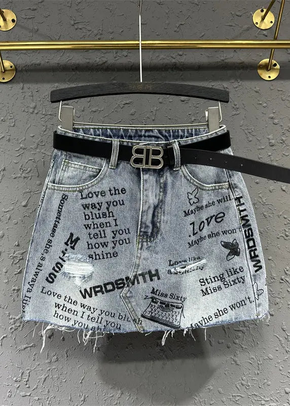 Italian Blue Pockets Letter Print Patchwork Denim Skirt Fall Ada Fashion