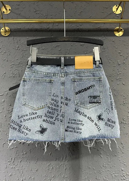 Italian Blue Pockets Letter Print Patchwork Denim Skirt Fall Ada Fashion