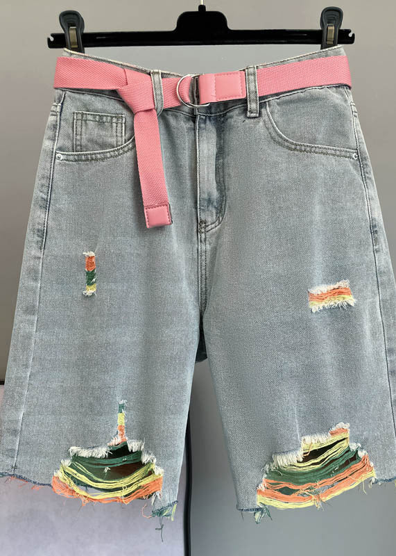 Italian Blue Pockets Sashes Hole Half Jeans Summer TY1057