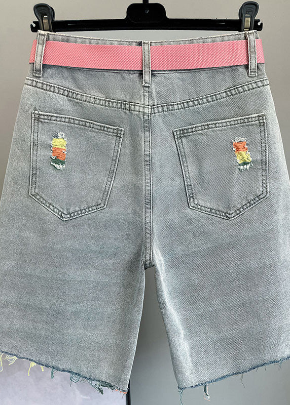 Italian Blue Pockets Sashes Hole Half Jeans Summer TY1057