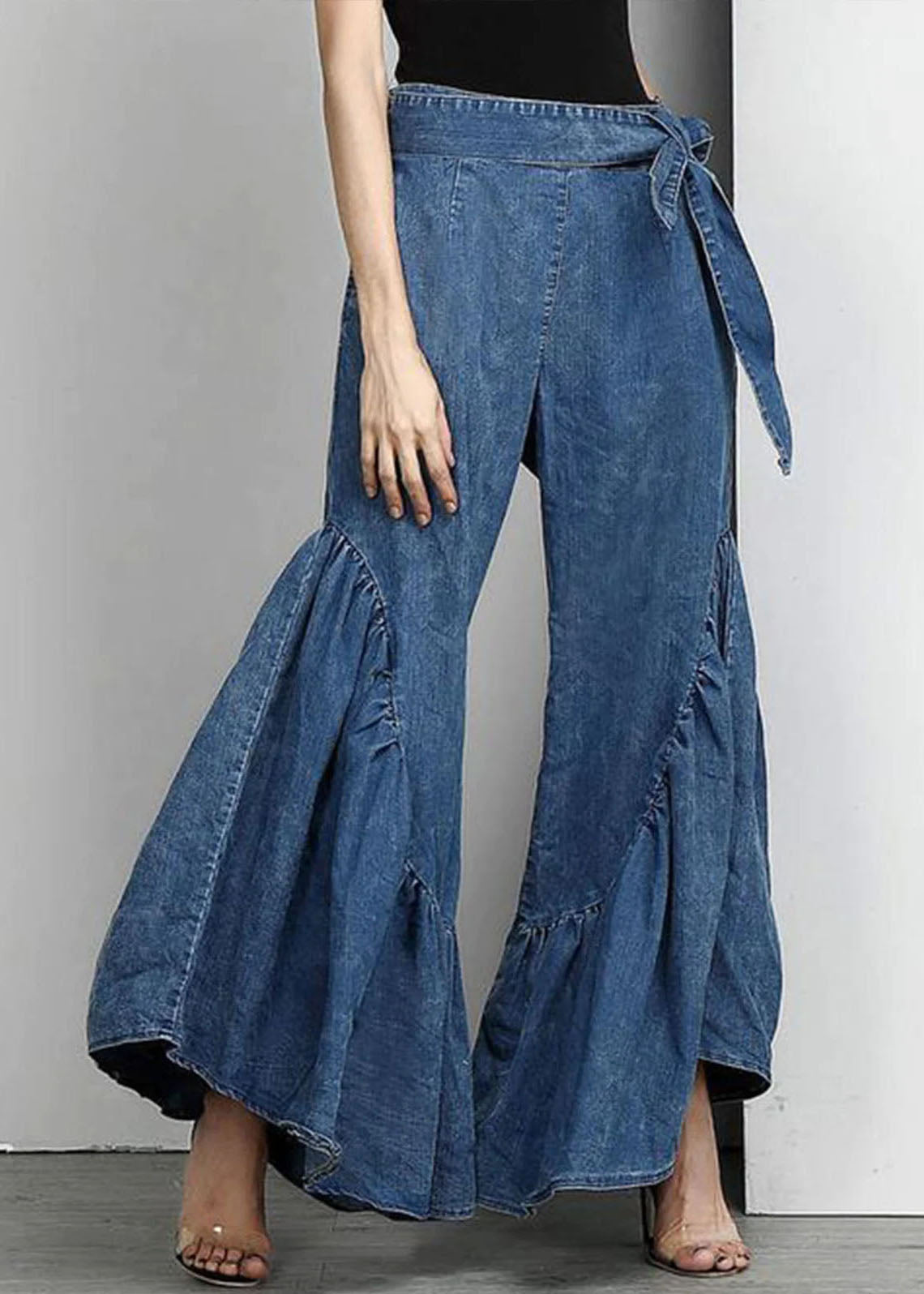 Italian Blue Ruffled Bow Waist Patchwork Denim Pants Summer LY3947 - fabuloryshop