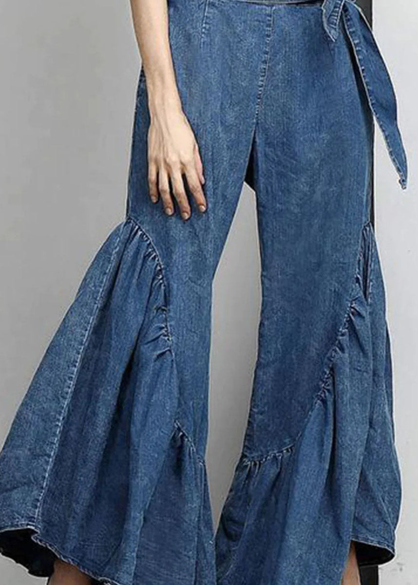 Italian Blue Ruffled Bow Waist Patchwork Denim Pants Summer LY3947 - fabuloryshop