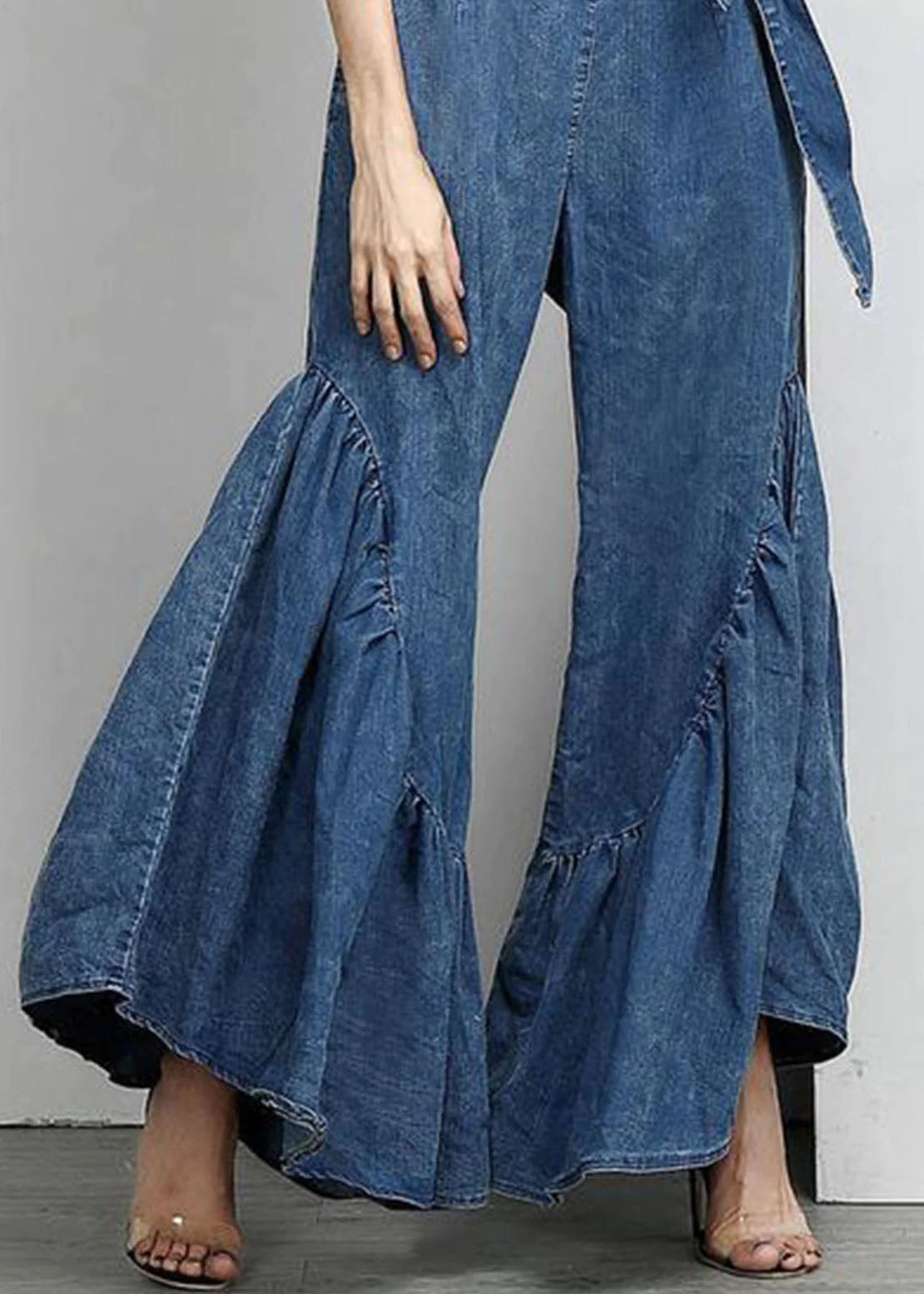 Italian Blue Ruffled Bow Waist Patchwork Denim Pants Summer LY3947 - fabuloryshop