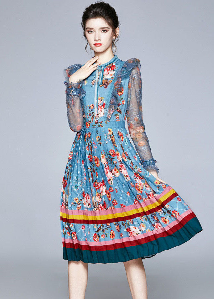 Italian Blue Ruffled Lace Up Print Tulle Patchwork Chiffon Dresses Fall LY7378 - fabuloryshop