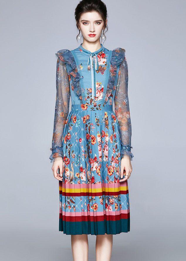 Italian Blue Ruffled Lace Up Print Tulle Patchwork Chiffon Dresses Fall LY7378 - fabuloryshop