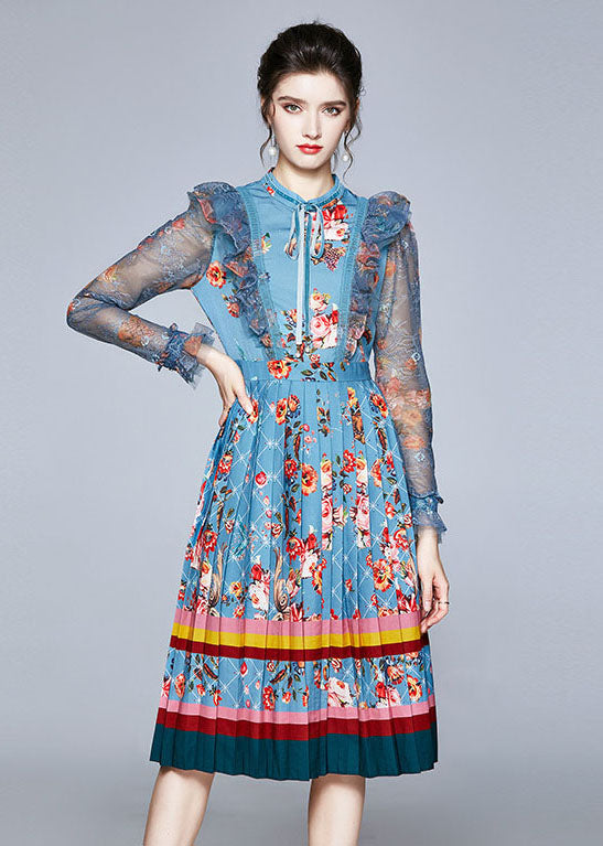 Italian Blue Ruffled Lace Up Print Tulle Patchwork Chiffon Dresses Fall LY7378 - fabuloryshop