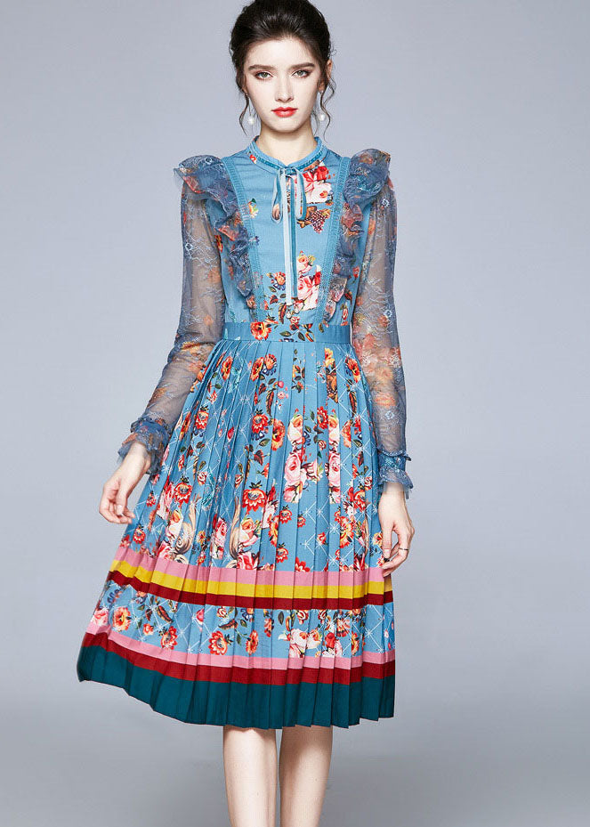 Italian Blue Ruffled Lace Up Print Tulle Patchwork Chiffon Dresses Fall LY7378 - fabuloryshop