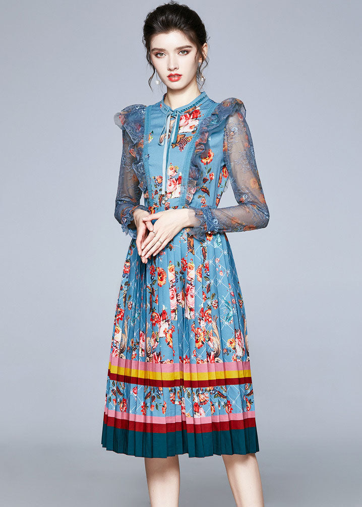 Italian Blue Ruffled Lace Up Print Tulle Patchwork Chiffon Dresses Fall LY7378 - fabuloryshop