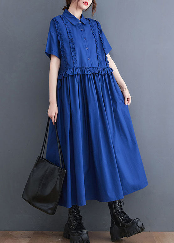 Italian Blue Ruffled Patchwork Long Cotton Shirts Dresses Summer LY5678 - fabuloryshop