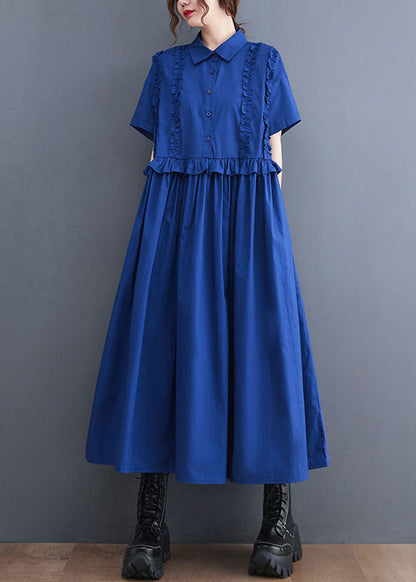 Italian Blue Ruffled Patchwork Long Cotton Shirts Dresses Summer LY5678 - fabuloryshop