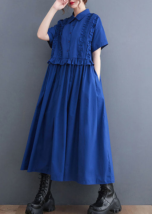 Italian Blue Ruffled Patchwork Long Cotton Shirts Dresses Summer LY5678 - fabuloryshop