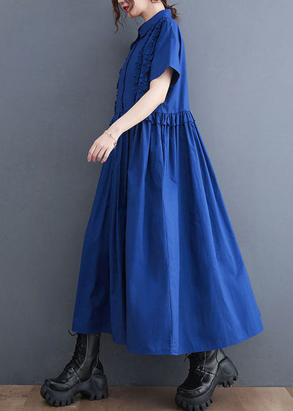 Italian Blue Ruffled Patchwork Long Cotton Shirts Dresses Summer LY5678 - fabuloryshop