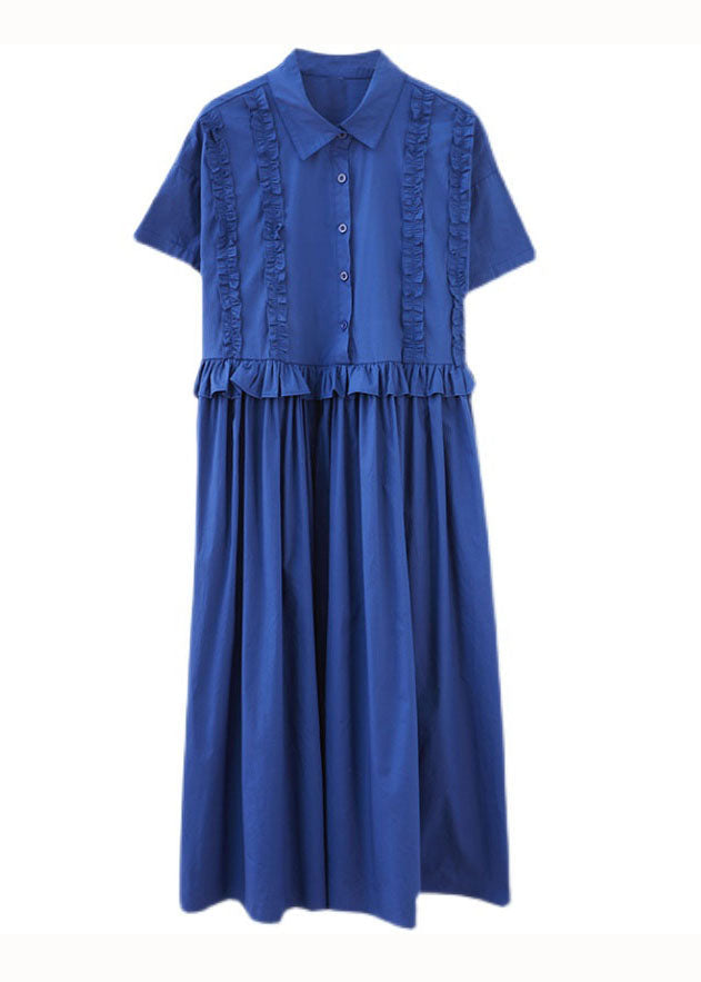 Italian Blue Ruffled Patchwork Long Cotton Shirts Dresses Summer LY5678 - fabuloryshop