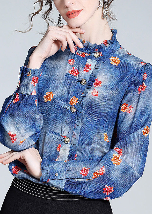 Italian Blue Ruffled Print Button Silk Shirt Long Sleeve LY0950 - fabuloryshop