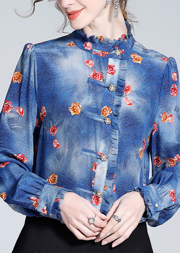 Italian Blue Ruffled Print Button Silk Shirt Long Sleeve LY0950 - fabuloryshop