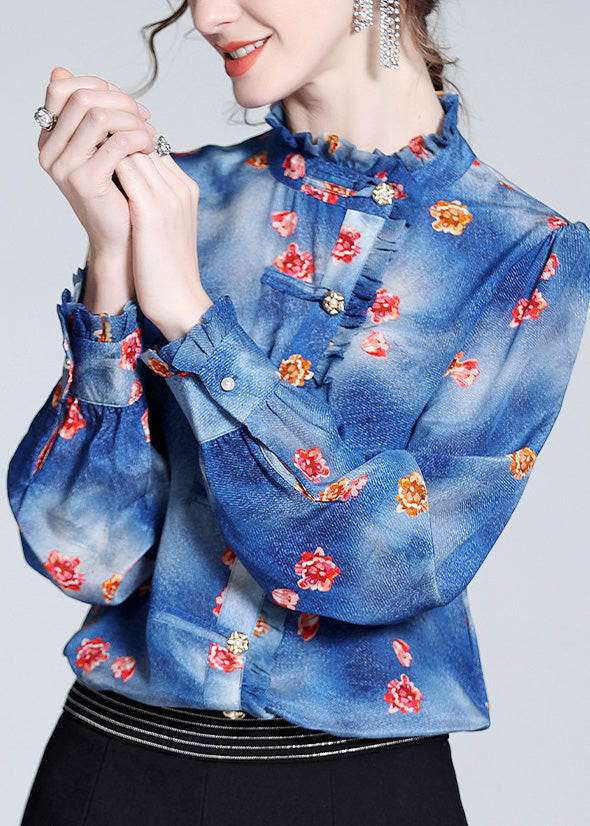 Italian Blue Ruffled Print Button Silk Shirt Long Sleeve LY0950 - fabuloryshop