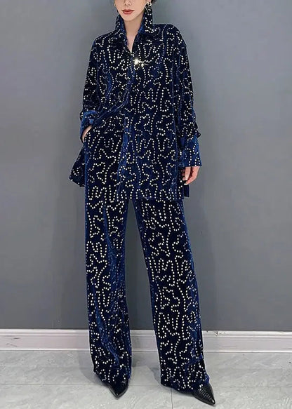 Italian Blue Sequins Tops And Pants Velour Two Piece Suit Set Fall Ada Fashion