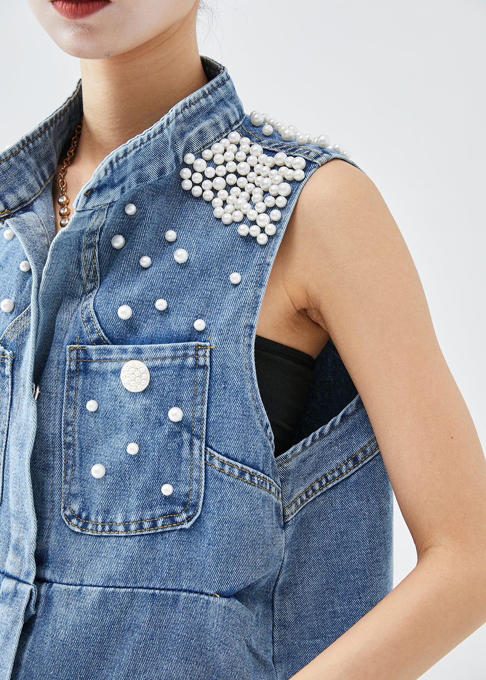 Italian Blue Stand Collar Nail Bead Denim Vests Fall Ada Fashion