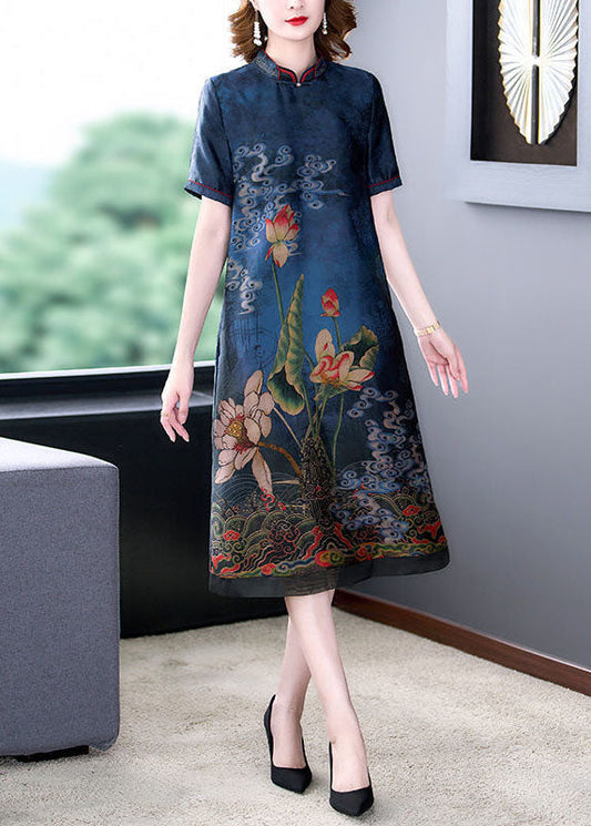 Italian Blue Stand Collar Patchwork Silk Dresses Summer LY2242 - fabuloryshop