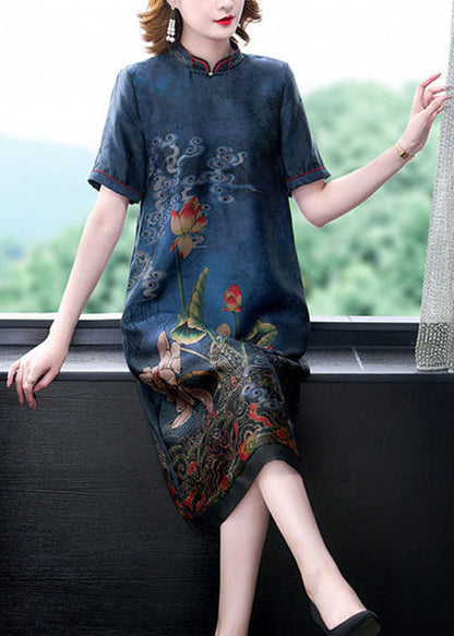 Italian Blue Stand Collar Patchwork Silk Dresses Summer LY2242 - fabuloryshop