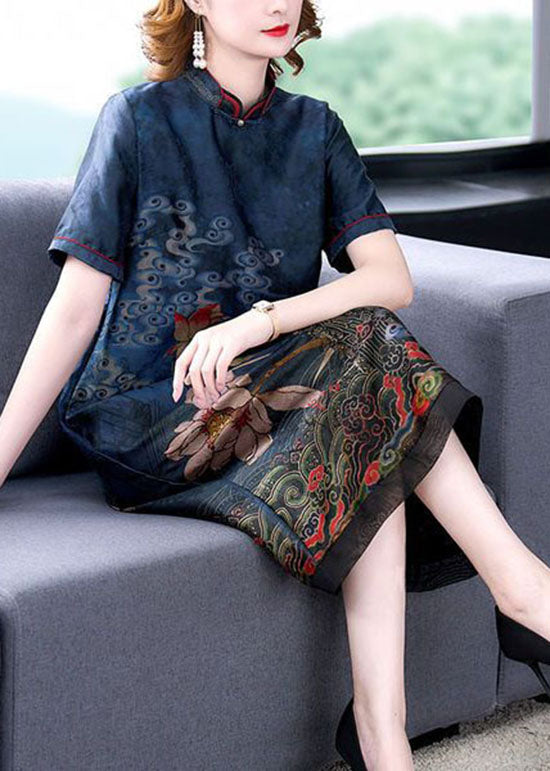 Italian Blue Stand Collar Patchwork Silk Dresses Summer LY2242 - fabuloryshop