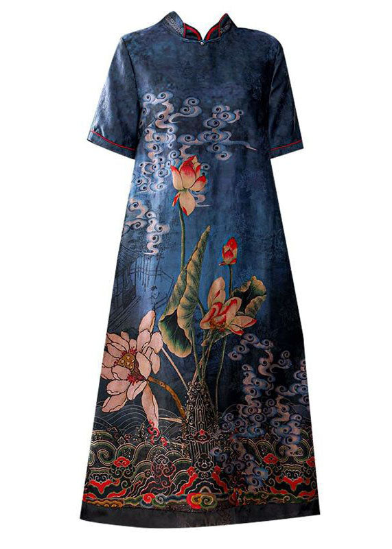 Italian Blue Stand Collar Patchwork Silk Dresses Summer LY2242 - fabuloryshop