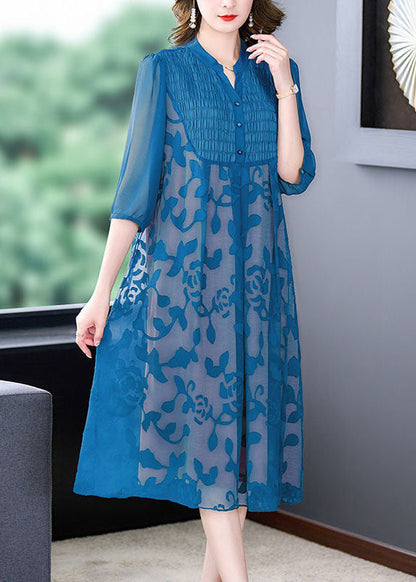 Italian Blue Stand Collar Print Patchwork Chiffon Dresses Summer LY4617 - fabuloryshop