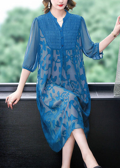 Italian Blue Stand Collar Print Patchwork Chiffon Dresses Summer LY4617 - fabuloryshop